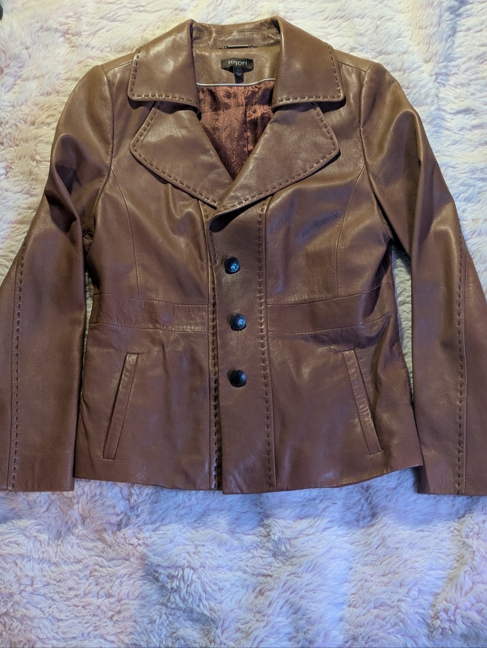 Tesori,Brown Leather Button-Front Women’s Jacket